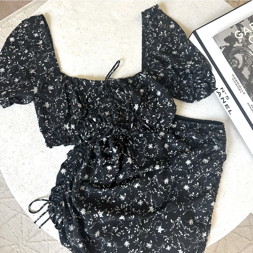 Beige Botany Set Black Floral Two Piece Skirt Set Cottagecore S